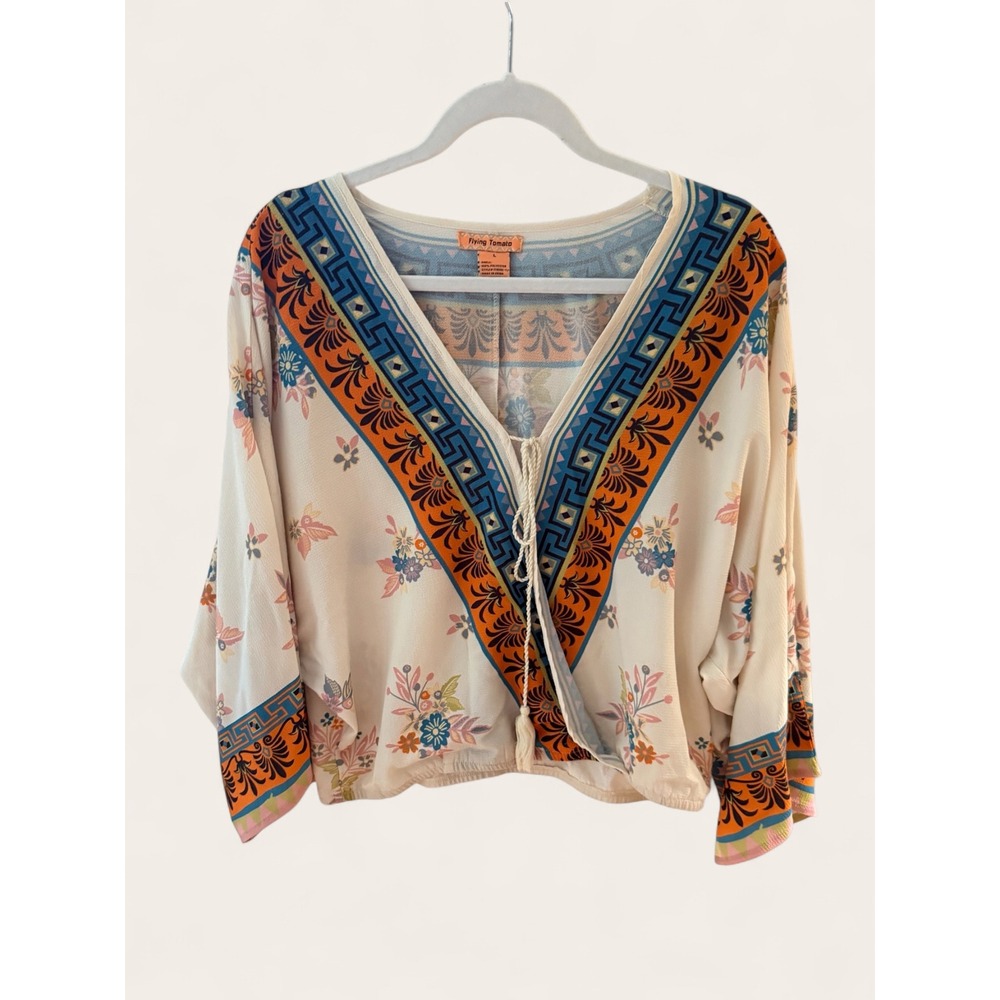 "Desert Carnival Bloom" Boho Floral Geometric Wrap Blouse Batwing Large - Picture 3 of 11